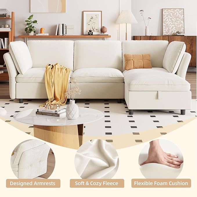 IDEALHOUSE 97" Modular Sectional Sofa, L-Shaped Modular Couch with Storage, 4-Seater Comfy Cloud Couch with Movable Ottoman, Deep Seat, Modern Sectional Couches for Living Room Bedroom, Beige
