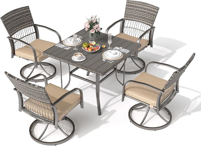 Pamapic 5-Piece Outdoor Dining Set with Swivel Chairs, Rattan Patio Furniture for Backyard, Deck, Garden, Weather-Resistant Iron Slats Table & 4 Chairs with Removable Cushions （Taupe） - Image 2