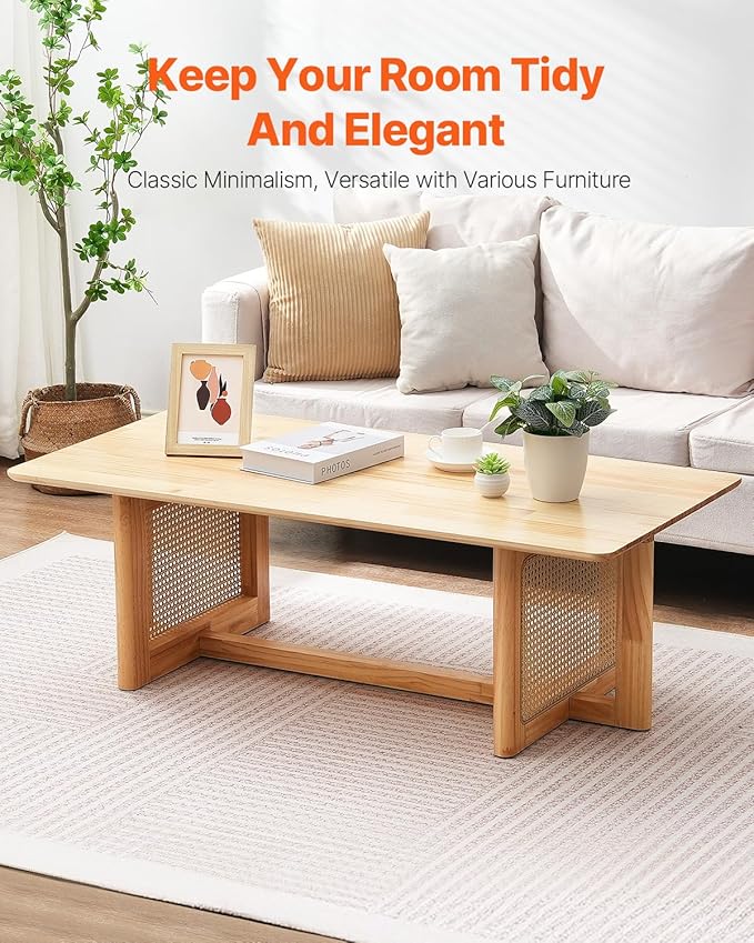 VEVOR Rattan Coffee Table, Rectangle Woven With Rubber Wood Top, 47-Inch Modern Boho Storage Table With Natural Legs, for Living Room, Bedroom & Small Spaces