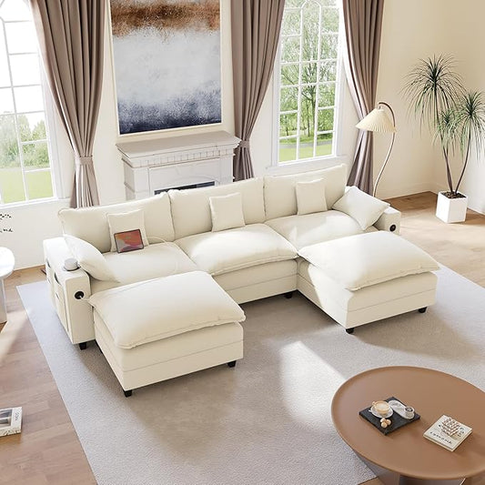 116" Modular Sectional Sofa, U Shaped Cloud Couch with Movable Ottoman, Chenille Deep Seat Cloud Sofa with Charging Station, Cup Holder, Side Pocket, Sectional Couches for Living Room, Beige