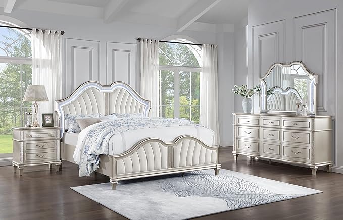 Coaster Home Furnishings Evangeline Modern Classic 4-Piece Bedroom Set Chenille Upholstered California King Size LED Panel Bed Frame 67-inch Headboard Silver Oak 223391KW-S4