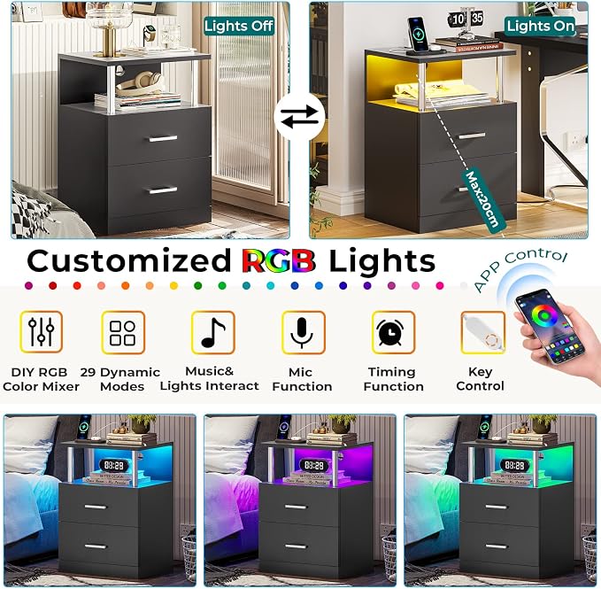 VIAGDO Black Nightstand Set of 2 with Charging Station and USB Ports, LED Night Stand with 2 Drawers, Modern End Side Tables with Open Storage, Bedside Tables for Bedroom, Office - Image 5