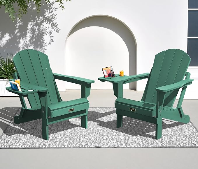 SERWALL Folding Adirondack Chair Set of 2, HIPS Adirondack Chairs with 4 in 1 Cup Holder, Weather Resistant Plastic Chairs for Patio Garden Outdoors Fire Pit - Green by SERWALL