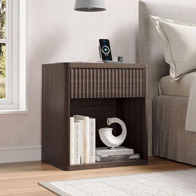Fluted Nightstand with Drawer Bed Side Table Wide End Table Modern Night Stands with Large Storage Charging Station Mid Century for Bedroom Living Room Office,Walnut - Image 2