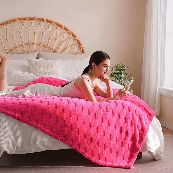 Hot Pink Throw Blanket for Couch Sofa Bed 50x60 inches,Fleece Blankets Microfiber Flannel with Diamond Checkered Pattern Lightweight Plush Soft Cozy Gifts for Women Mom Girls