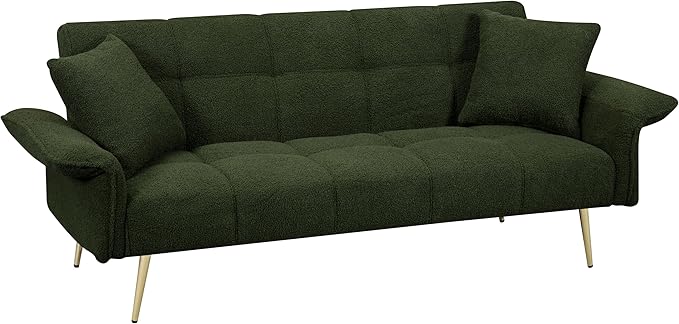 70 inch Upholstered Teddy Fleece Sofabed with Adjustable Arms and Backrest,Modern Convertible Futon Couch W/Metal Legs & Pillows,Love Sofa for Living Room,Bedroom,Apartment,Green, 70"
