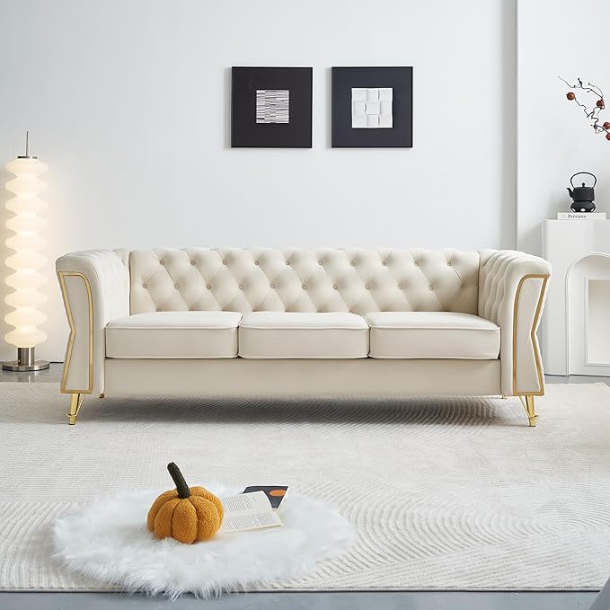 KEIKI 87" Chesterfield Velvet Button Tufted Sofa with High Density Foam Cushions, Modern Style 3-Seater Couch with Gold Strip Trim Decoration, Easy Assembly, for Apartment, Living Room, Office, Beige