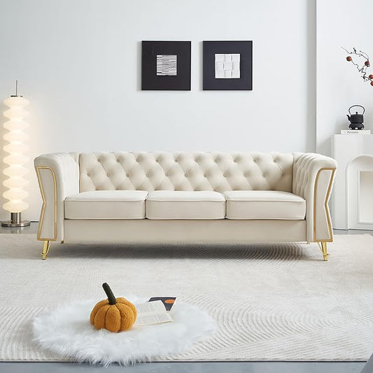 KEIKI 87" Chesterfield Velvet Button Tufted Sofa with High Density Foam Cushions, Modern Style 3-Seater Couch with Gold Strip Trim Decoration, Easy Assembly, for Apartment, Living Room, Office, Beige