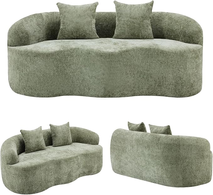 Curved Compression Sofa, Modern Loveseat Couch with Rounded Armrests & 2 Coordinating Pillows, 67'' Polyester 2 Seater Sofa for Small Living Room, Bedroom and Offices, No Assembly, Green