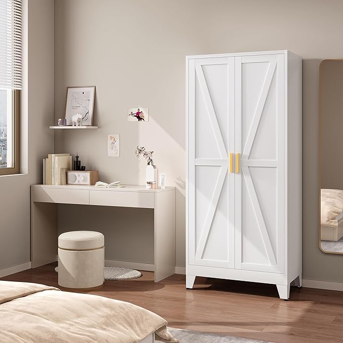 71" Tall Metal Armoire Wardrobe Closet, Clothing Storage Cabinet, Freestanding Wardrobe Cabinet with 2 Adjustable Shelves for Bedroom, Office, Garage