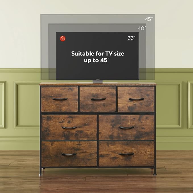 WLIVE 7 Drawer Dresser TV Stand, Entertainment Center, Media Console Table with Metal Frame and Wood Top for TV up to 45 inch, Chest of Drawers for Bedroom, Living Room, Rustic Brown Wood Grain Print - Image 6
