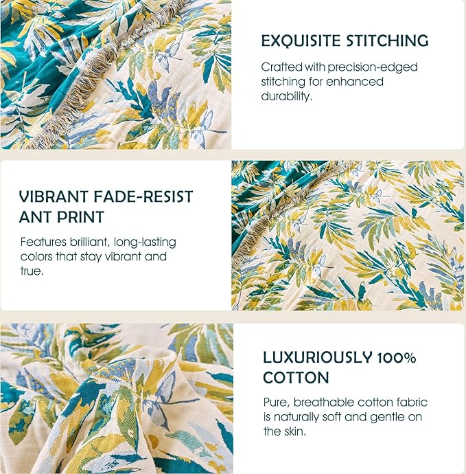 Boho Throw Blanket - 100% Cotton Throw Blankets for Bed Couch, 60"x80" Soft Muslin Lightweight Spring Throw Blanket, Cozy Plant Printed Bohemain Bedding Decor Green Throw Quilt