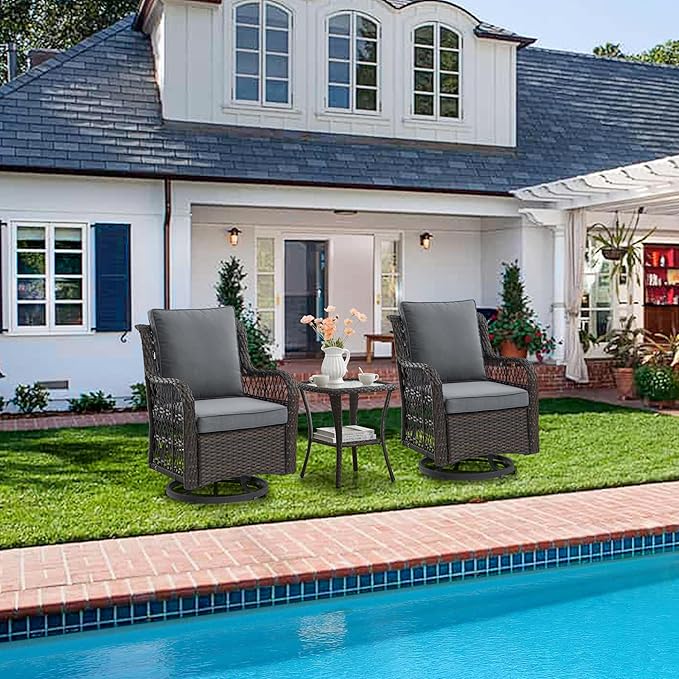 GarveeHome 3 Piece Outdoor Patio Set, Wicker Rocking Bistro Set with 2 Swivel Chairs & Tempered Glass Top Table, Rattan Outdoor Furniture with Cushions for Patio Porch Backyard