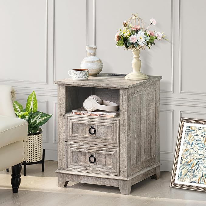 Joaxswe 18" Farmhouse Night Stand with Charging Station, 2 Drawers End Table Dresser for Bedroom, Oak Wooden Nightstand, Bed Side Table with Open Shelf, Bedside Cabinet for Living Room, Closet - Image 4