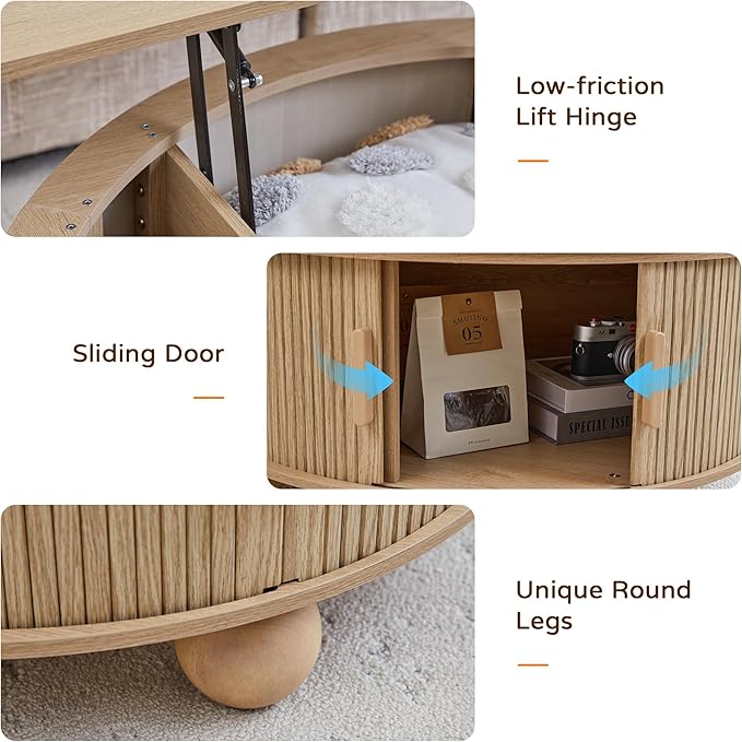 Fluted Round Lift Top Coffee Table with Hidden Storage, 33.5'' Modern Boho Center Table with Sliding Tambour Door & Solid Wood Legs, Circle Coffee Table for Living Room, Small Space, Natural