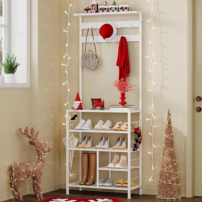 GiftGo Modern White Large 5-Tier Hall Tree Entryway Wooden Shoes Rack Shelf Coat Rack with Movable 9 Metal Hooks Storage Organizer for Home Office Bedroom Mudroom Living Room by GiftGoDirect