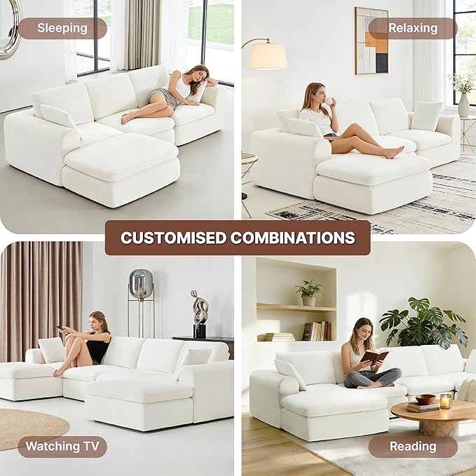 108" Boneless Cloud Couch Sectional No Assembly Required Modular Sofa with Deep Seat for Living Room L Shaped Couch with Ottoman Snowflake Fabric and Memory Sponge White