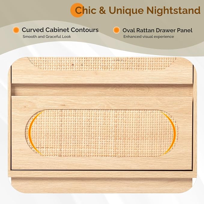 VINGLI Night Stand Set of 2, Rattan Nightstands with Charging Station, 17.72" W Boho Wood Nightstand for Bedroom, Bed Side Table with Charging Station, Wooden Night Stands Oak, Real Rattan End Table - Image 4