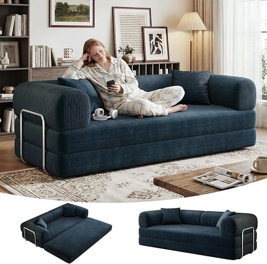 4‑in‑1 Futon Sleeper Bed Queen 78Inch Convertible Floor Sofa Couch with L‑Shaped Armrests, Space-Saving Sofa Bed Foldable Mattress Lounge for Living Room Bedroom
