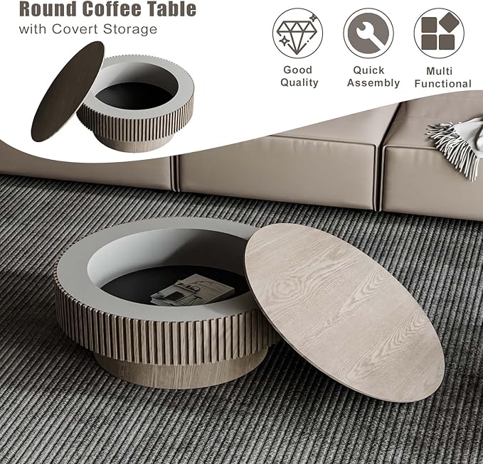 Round Coffee Table with Storage, Modern Wooden Coffee Table with Solid Wood Veneered, Circle Center Table Accent Tea Table for Living Room Apartment Small Space (31.5''L × 31.5''W × 14''H, Grey)