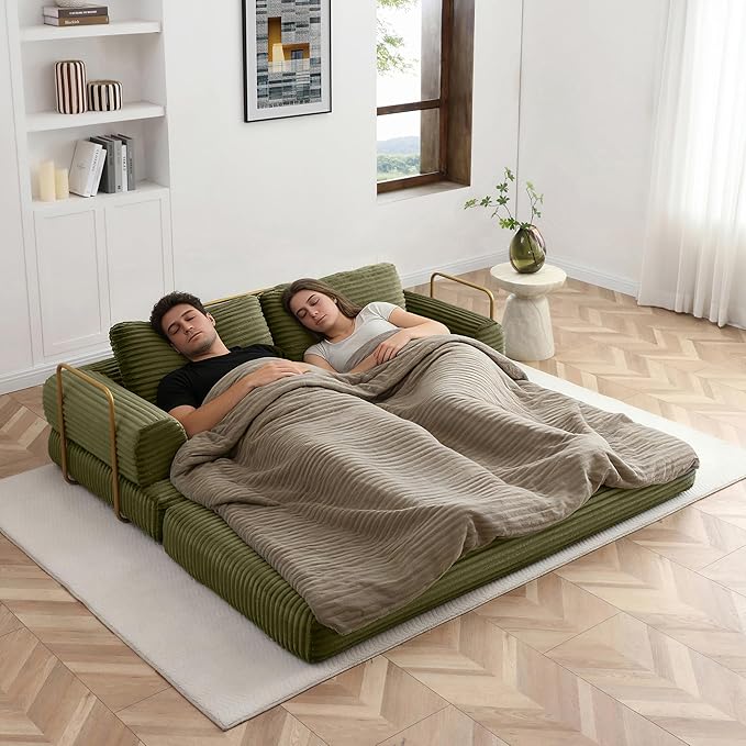 Eafurn Boneless Convertible Folding Sofa Bed, 4-in-1 Memory Foam Sleeper Loveseat with Armrests, Modern Corduroy Upholstered Floor Couch & Fold Out Mattress for Living Room, Apartment | Breathable material, Fixed-shape Frame