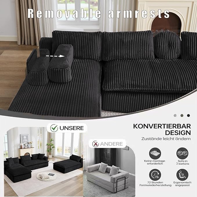 149" Oversized U Shaped Cloud Modular Sectional Sofa Boneless Couch with Double Chaise,Free Combination Convertible Floor Sofa Bed with Storage Pockets and Pillows | No Assembly