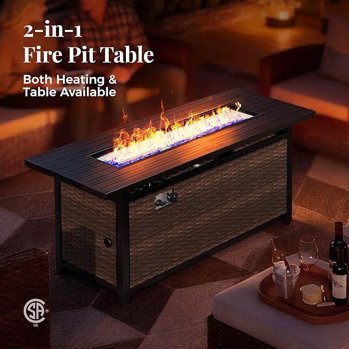 Patio Furniture Set, 7 Pcs Wicker Outdoor Conversation Set, 2 x Leg Chairs, 1 x 3 Seater Sofa, 1 x 2-Seat Lover Sofa and 2 x Ottomans with 4" Thick Cushion and 56" Fire Pit Table, Beige