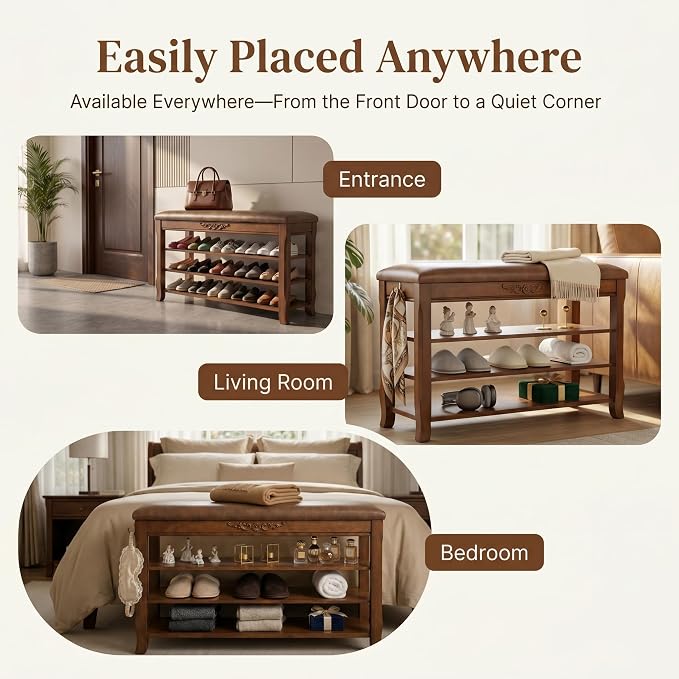 Shoe Rack Bench Entryway Storage with Leather Cushion, Shoe Organizer Bench for Entryway, Front Doors Entrances Hallway,Mudroom,Closet, Bedroom,Solidwood 3 Height-Adjustable Removable Shelve,31.5" - Image 8