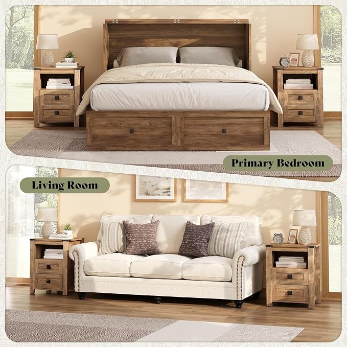 AMERLIFE 18" Farmhouse Nightstand Set of 2, Wooden Bedside Table with 2 Drawers & Open Shelf, Rustic Wood End Table for Bedroom or Living Room, Barnwood - Image 7