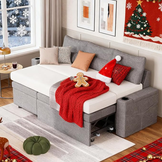 Pamapic 81" Sleeper Sofa with Armrest Storage,L-Shaped Sofa with Supportive Cushions,Cup Holders,Side Pockets,Pull Out Sleeper Sofa Bed,Pullout Sectional Sofa Couch with Large Storage,Gray