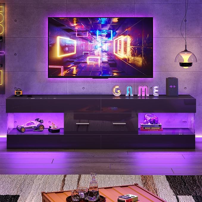 Bestier Black TV Stand for 55/60/65 Inch TV, High Gloss Modern TV Stand with Stone-Patterned Side Panels, LED Entertainment Center with Large Drawer, TV Consoles for Living Room, Bedroom - Image 3