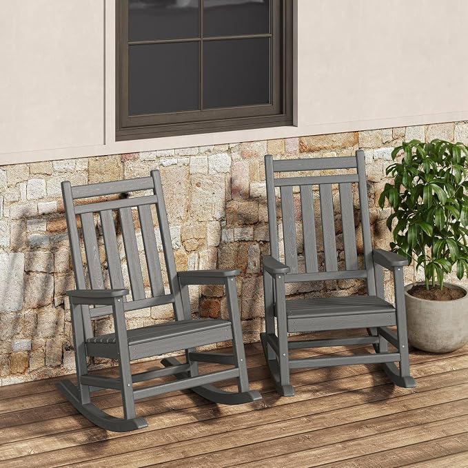 Garvee HDPE Rocking Chair Outdoor Set of 2 - Poly High Back Porch Rocker Chairs for Adults - All Weather Resistant Furniture for Patio Front Porch - Gray by Garvee