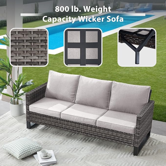 6 Piece Wicker Patio Furniture Set - Outdoor Swivel Rocker Chairs Set with Coffee Table, 3 Seat Sofa & Ottomans, Small Patio Conversation Sets Proch Furniture for Balcony Deck - Grey/Beige