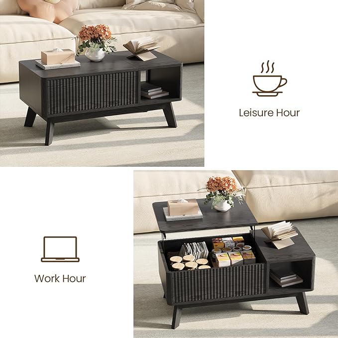 Wood Lift Top Coffee Table with Hidden Compartment and Large Storage Shelf, Lift Tabletop Dining Center Table for Home Living Room Office,Black