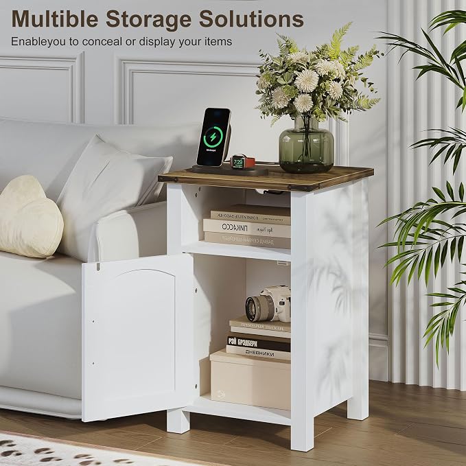 Farmhouse Nightstand with Charging Station, Set of 2 End Table with USB/Type-C Ports, Rustic Bedside Table with Large Storage and Open Shelf, Modern Side Table for Bedroom, Pure White + Walnut - Image 5