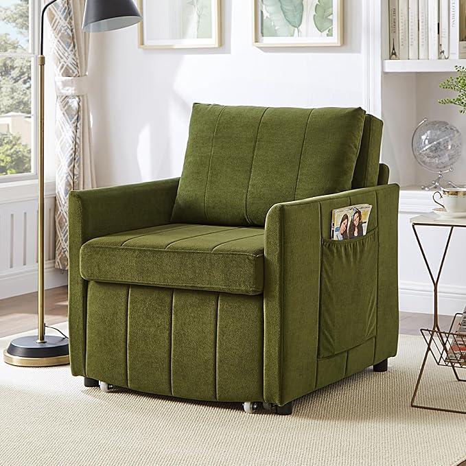 Ball & Cast 31.5" Futon Sofa-Bed,Convertible Pull Out Couch with Storage Basket,Sleeper Sofabed W/Adjustable Backrest and Side Pocket,Chaise Lounge for Living Room,Chenille Fabric,Green