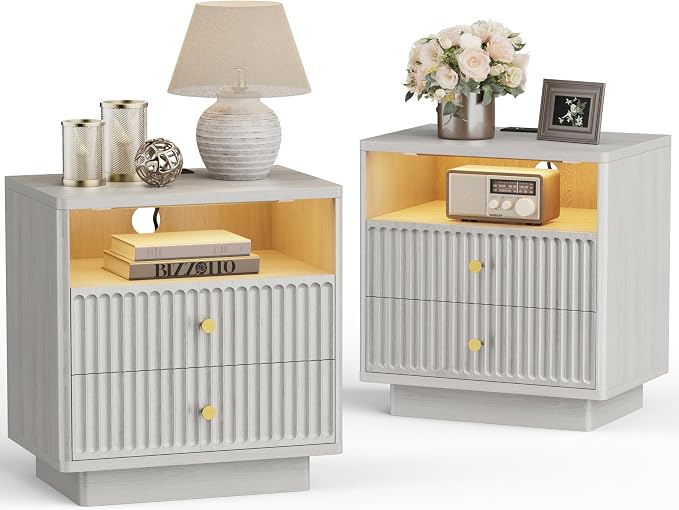 PAPROOS 23'' Fluted Nightstand Set of 2 with Charging Station, Modern Bedside Table with Motion Sensor LED Light, 2-Drawer Storage Cabinet for Bedroom & Home Office (2 pc Beige Gray) by CalmDesignQuietRefinement
