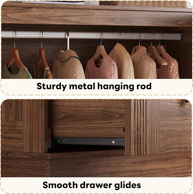 LIKIMIO Farmhouse Wardrobe Closet with Doors, 70" Bedroom Armoires with LED Lights and Hanging Rod, Wooden Large Wardrobe Cabinet with 2 Drawers and 1 Cabinet, Walnut