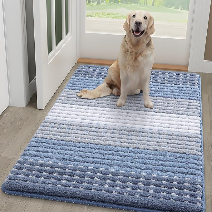 Kitinjoy Indoor Outdoor Door Mat, 48x30 Non-Slip Absorbent Dirt Trapper, Low-Profile Washable Inside Entrance Front Floor Mat, Sturdy Soft Entry Dotted Ombre Doormats for Entryway, Light Blue by Kitinjoy