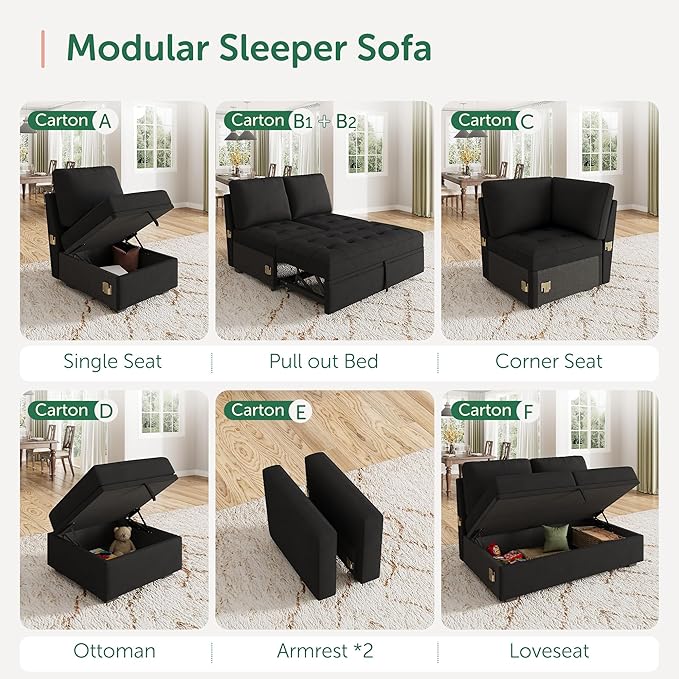 HONBAY Modular Sectional Sleeper Sofa with Pull Out Bed, Ottoman for Sectional Couch, Black