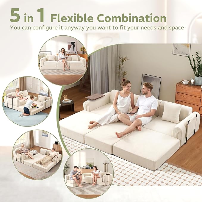 100" Convertible Sleeper Sofa Bed, Oversized Modular Sectional Cloud Sofa with Fixed-Shape Frame & Tabletop, Boneless Couch with Storage Pocket for Living Room, No Assembly Required, Beige