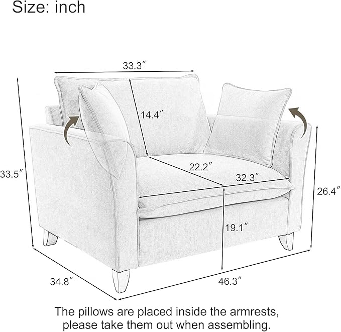 46.3 Inch Oversized Armchair Chenille Fabric Chair and a Half Single Sofa with Pillow Removable Washable Covers Rubberwood Legs Ruffled Armrests for Living Room Bedroom Office Apartment, Pink