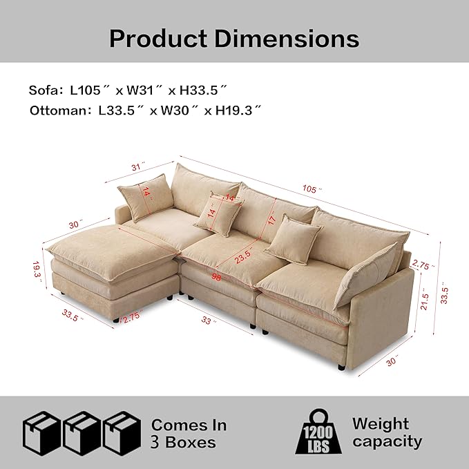 105" Oversized Modular Cloud Sectional Sofa Free Convertible L-Shaped Corner Sectional with Movable Ottoman, Chenille Upholstered Multiple Cushions Cloud Sofa Couches | Easy to Assemble