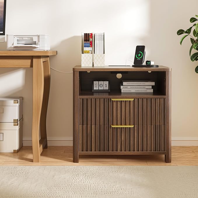 CypBed 23.8" Wide Fluted NightStand Set of 2 with Charging Station, Bedside Tables with 2 Drawers & Storage Shelf, Wood Nightstand with Rounded Corner, Modern End Table for Bedroom, Easy Assembly - Image 7