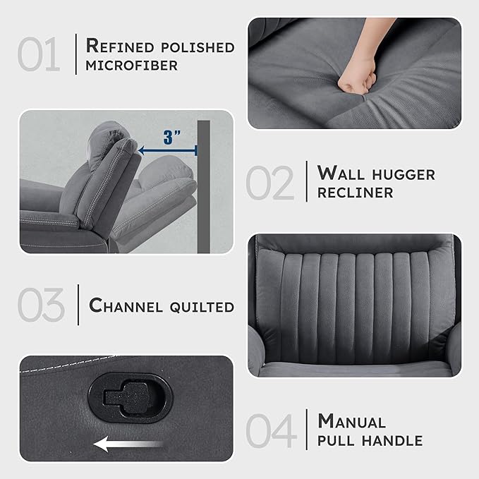 Lexicon Manual Double Reclining Sofa, Polished Microfiber Upholstered 3 Seater Manual Sofa Recliner for Living Room, Wall Hugger, Easy Assembly, Gray