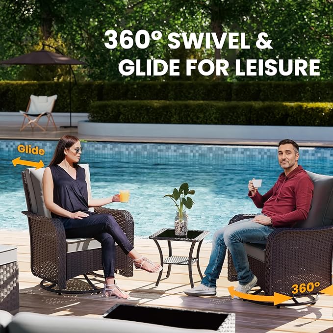 11 Pieces Outdoor Patio Furniture Set,Outdoor Sectional Furniture with 45" 55000 BTU Gas Propane Fire Pit Table,PE Rattan Wicker Patio Conversation Set,Swivel Rocking Chairs Set,Grey