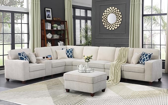 ERYE 151-Inch U-Shaped Sectional Sofa Chenille Upholstered Corner Convertible Sectional,9 PCS Modular Couch with Ottoman,Storage Console, Cupholders and Charging Station