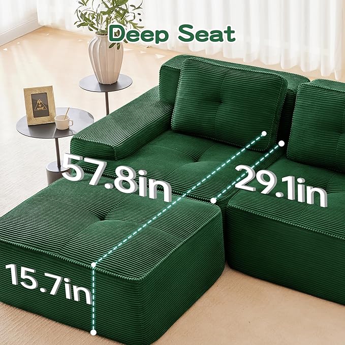 Casaphoria 115'' Boneless Sofa with Ottoman, 3-Seater Modular Couch with 3 Pillows for Living Room, L Shape Cloud Sectional Sofa, No Assembly, Green