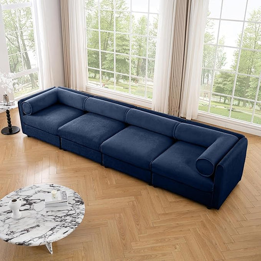 KEIKI 143" Oversized Modular Chenille Sectional Sofa with Storage Seat, Modern 4-Seater Couch with Cylindrical Backrest and Armrests, Easy Assembly, for Apartment, Living Room, Blue