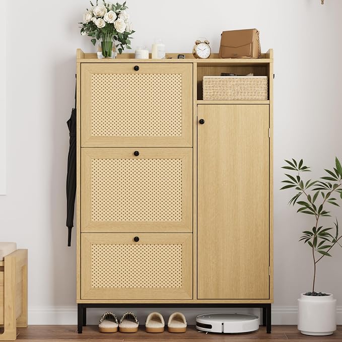 GarveeHome Shoe Cabinet Rattan with 3 Flip Drawers and 4-Tier Shoe Storage Cabinet, Freestanding Shoe Organizer with Adjustable Shelves for Entryway, Closet, Hallway (Light Oak) - Image 4